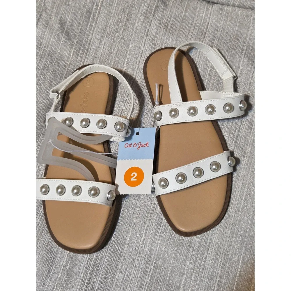 Cat & Jack Girls Pearl Studded Two Strap Sandals White Size 2 NEW